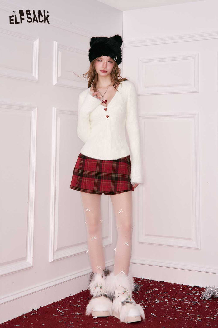 ELFSACK Elegant Solid Fitting Two Button V Neck Sweater