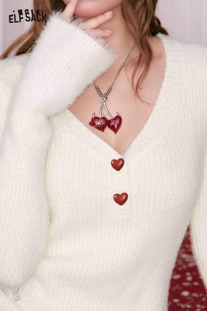 ELFSACK Elegant Solid Fitting Two Button V Neck Sweater