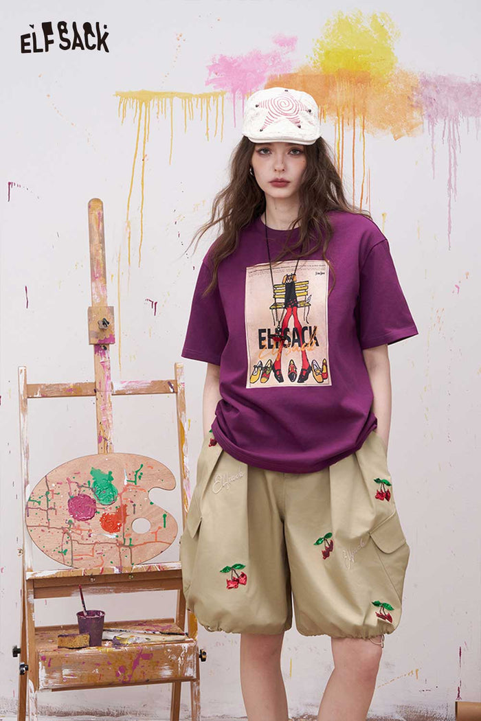ELFSACK Embroidered Cherry Patch Sequin Bow Detail Jogger Pants