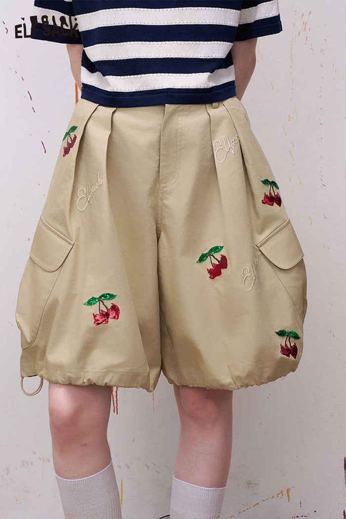 ELFSACK Embroidered Cherry Patch Sequin Bow Detail Jogger Pants