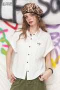 ELFSACK Embroidered Letter Lapel Short Sleeved Chic Shirt