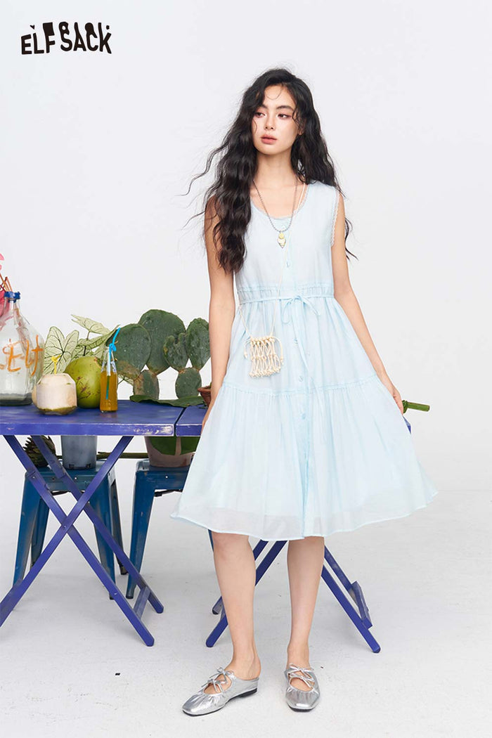 ELFSACK Eyelet Tiered Ruffle Sleeveless Midi Dress