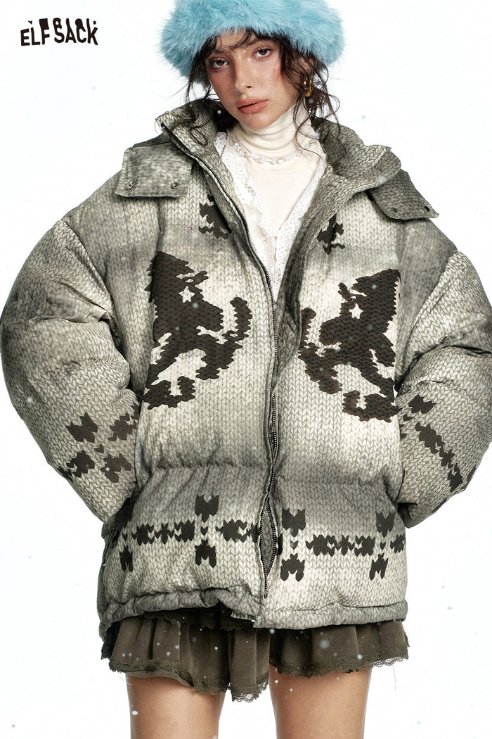 ELFSACK Fair Isle warm grey hooded down jacket
