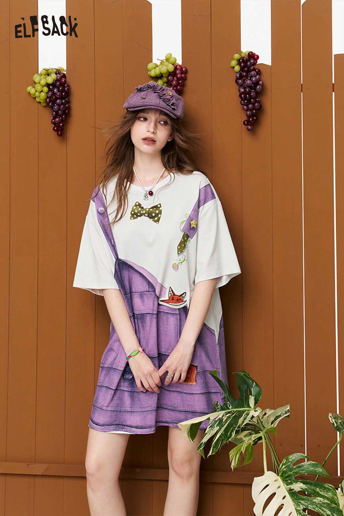 ELFSACK Fake Overalls Print T-Shirt Dress