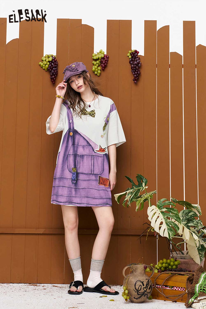 ELFSACK Fake Overalls Print T-Shirt Dress