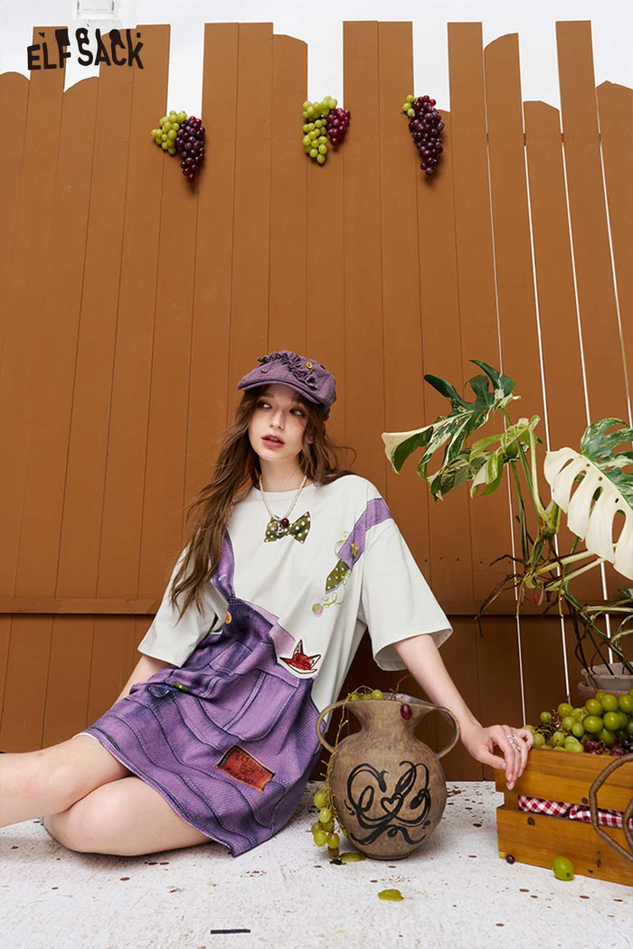 ELFSACK Fake Overalls Print T-Shirt Dress