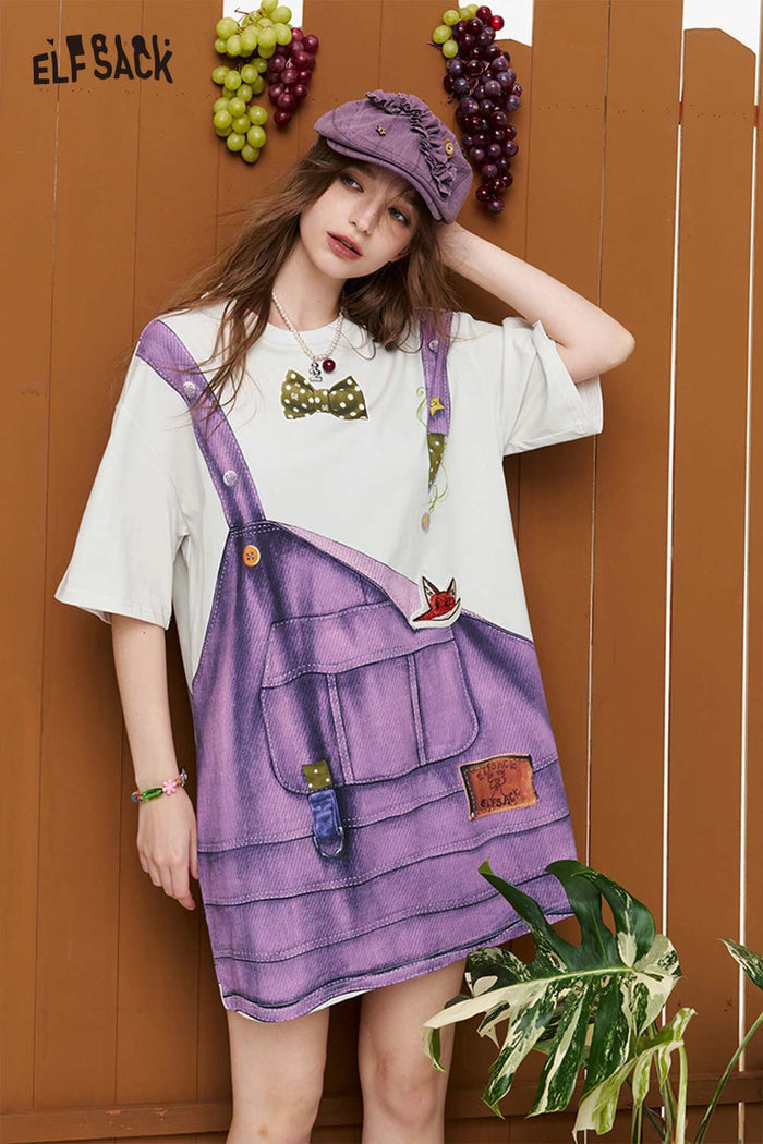 ELFSACK Fake Overalls Print T-Shirt Dress