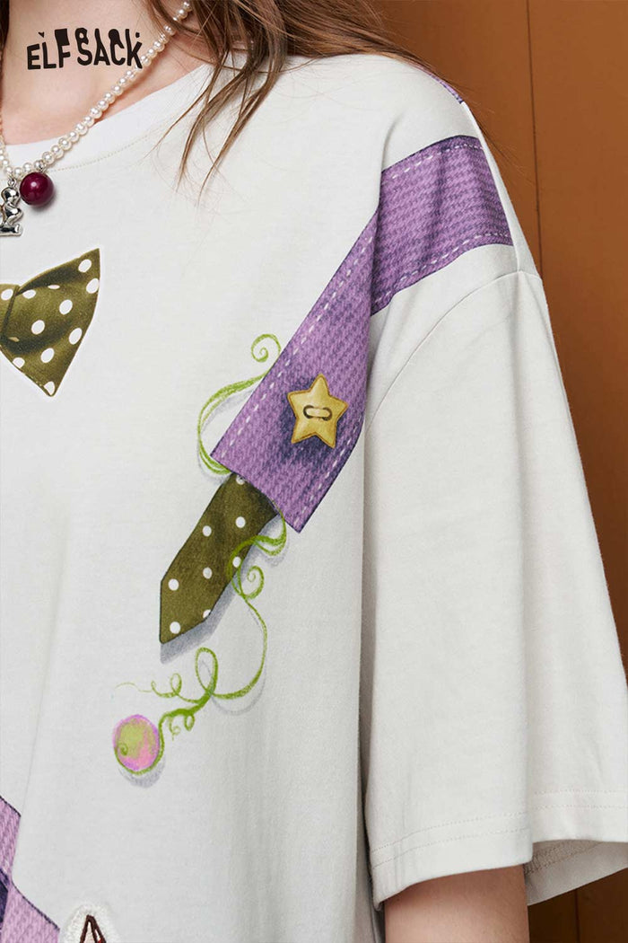 ELFSACK Fake Overalls Print T-Shirt Dress