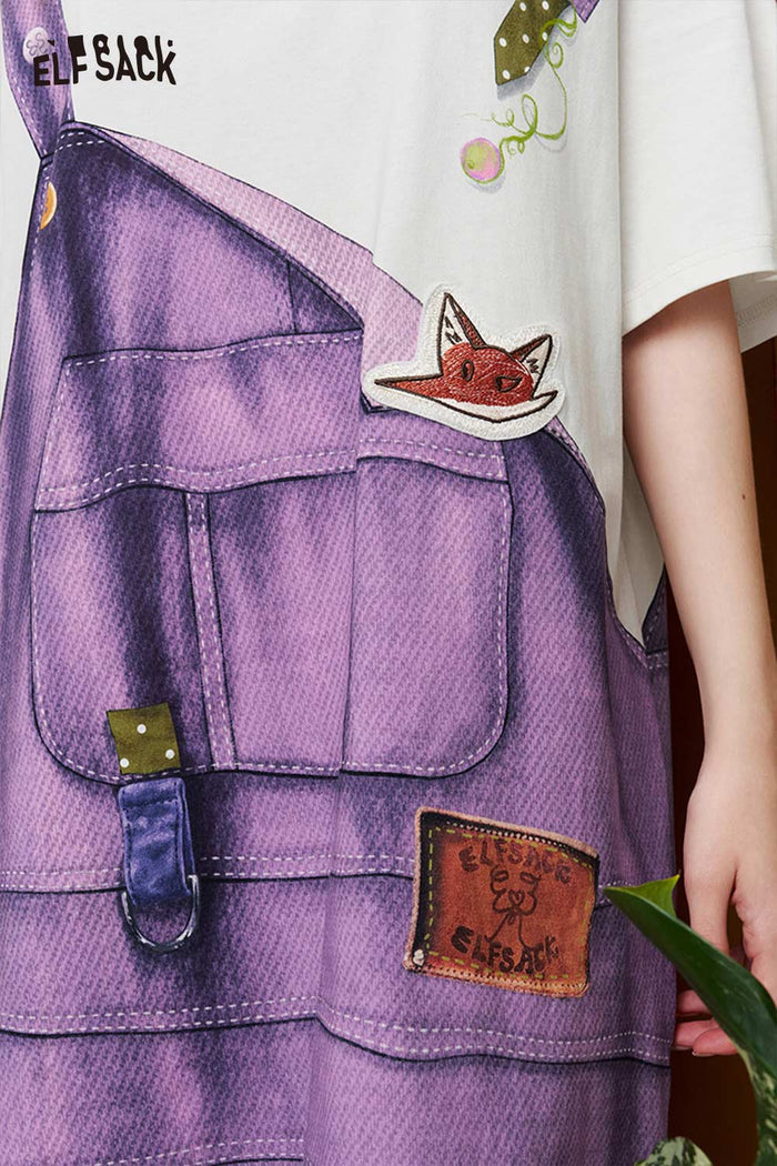 ELFSACK Fake Overalls Print T-Shirt Dress
