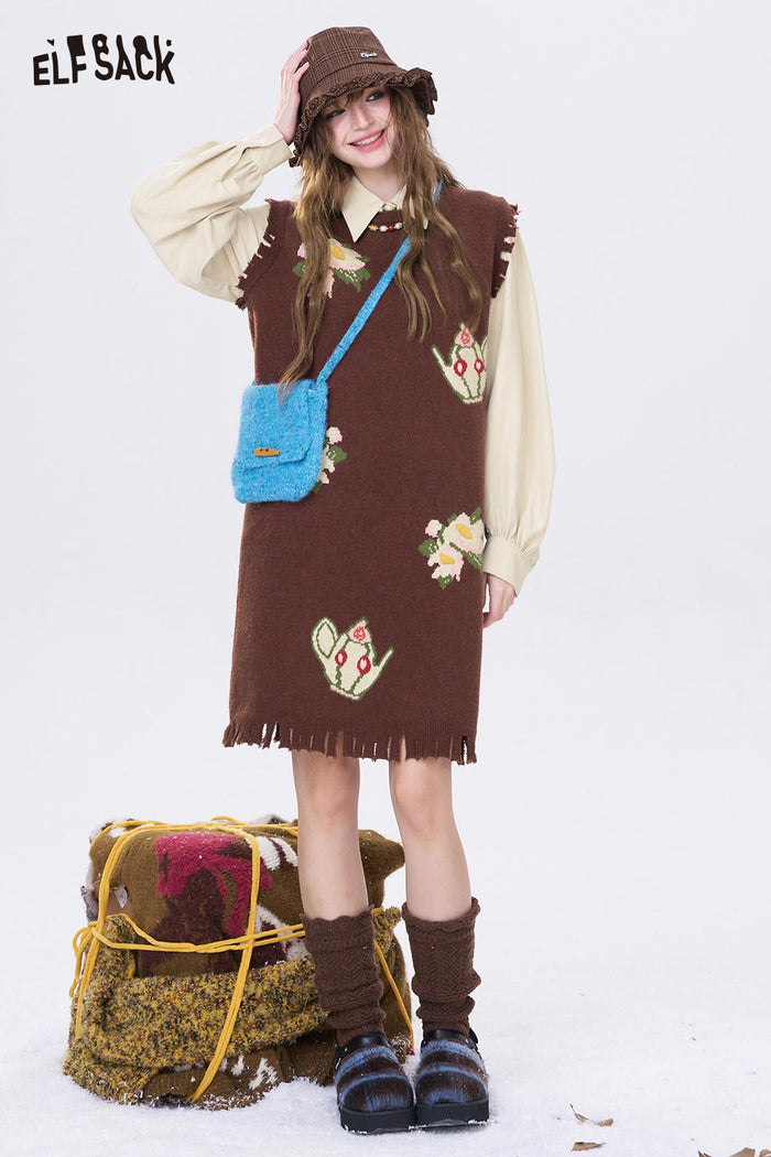 ELFSACK Fake Two Piece Irregular Hem Print Long Dress