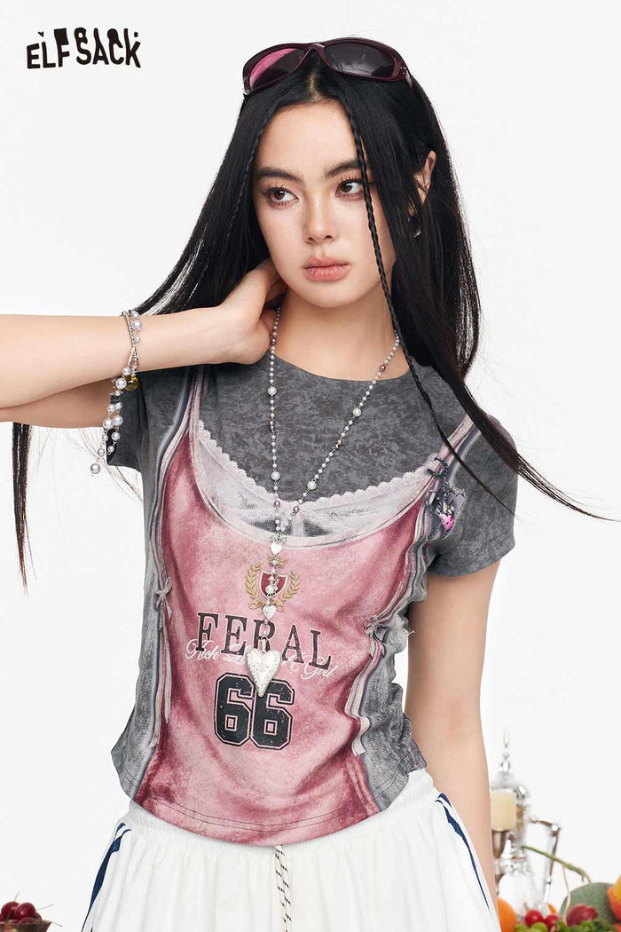 ELFSACK Fake Two-Piece Retro Print Crop Top