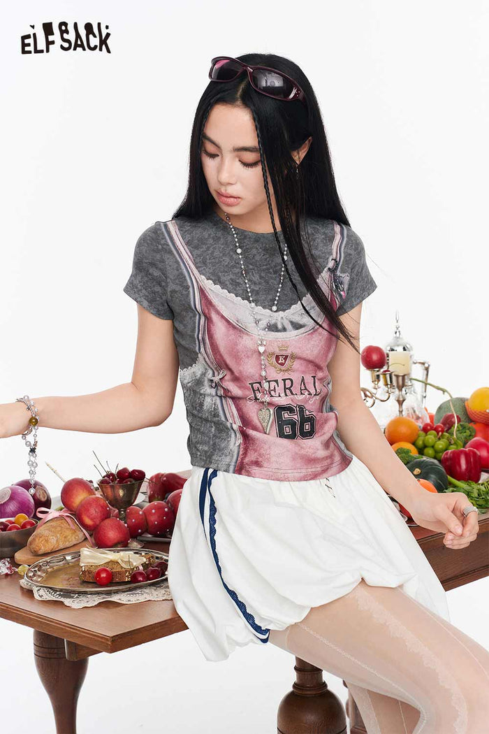 ELFSACK Fake Two-Piece Retro Print Crop Top