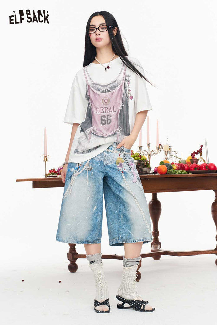 ELFSACK Fake Two-Piece Retro Print T-shirt