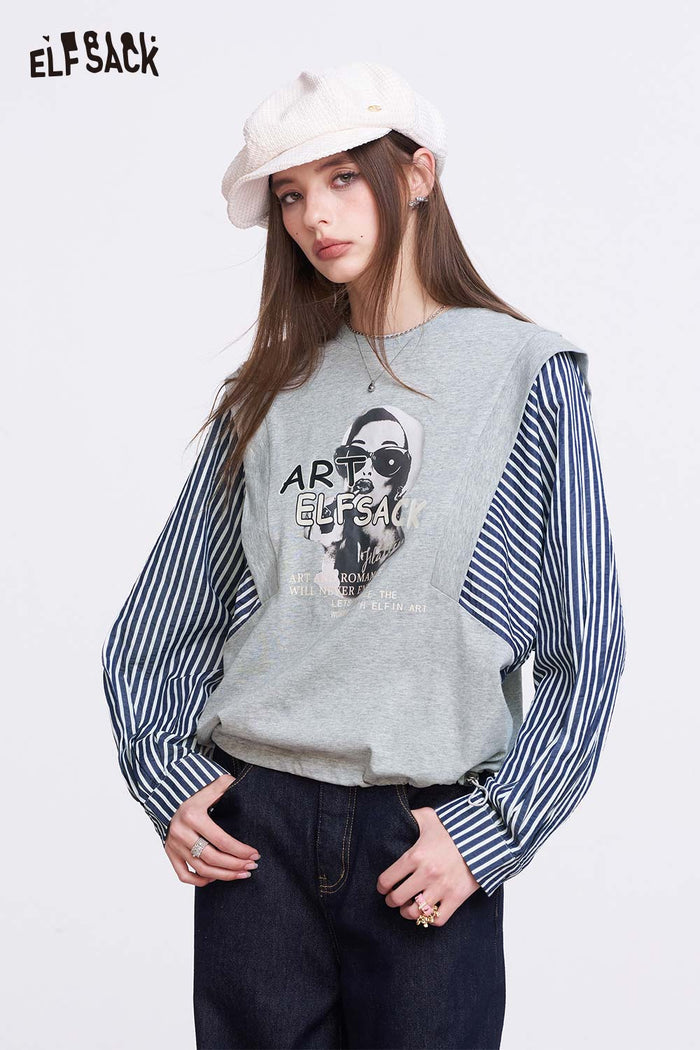 ELFSACK Fake Two Piece T Shirt with Graphic Art Print