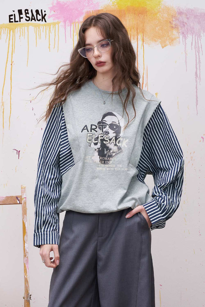 ELFSACK Fake Two Piece T Shirt with Graphic Art Print