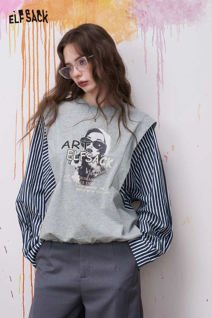 ELFSACK Fake Two Piece T Shirt with Graphic Art Print