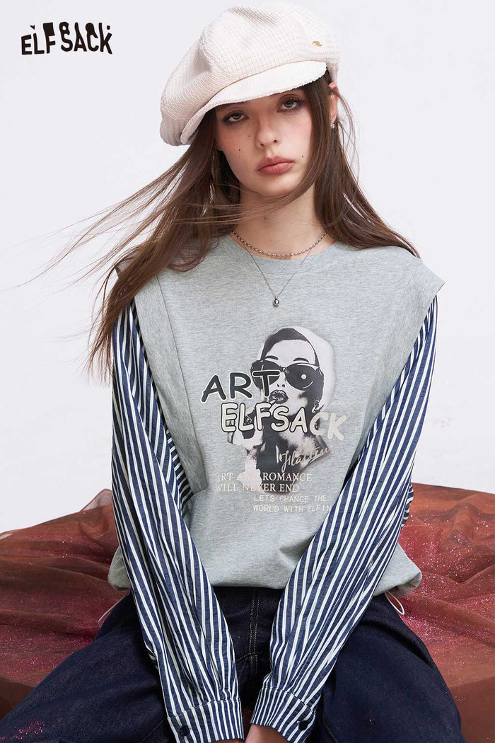 ELFSACK Fake Two Piece T Shirt with Graphic Art Print
