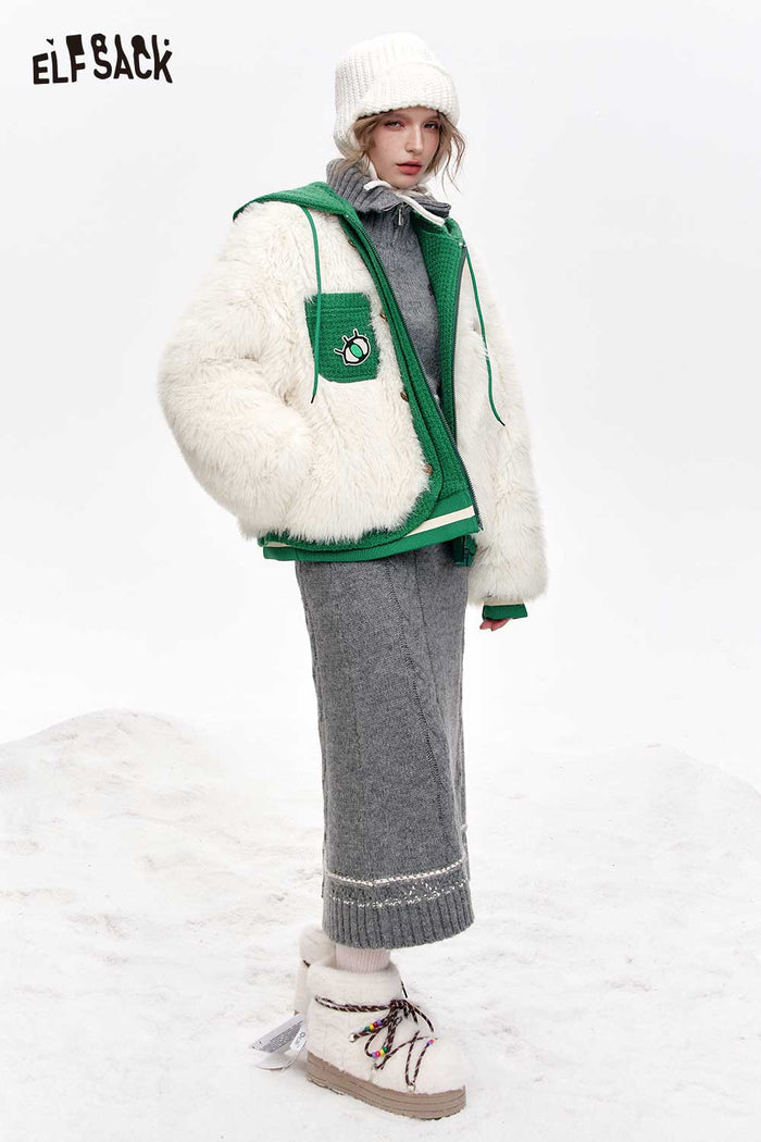 ELFSACK Fake Two Piece White Plush Hooded Coat