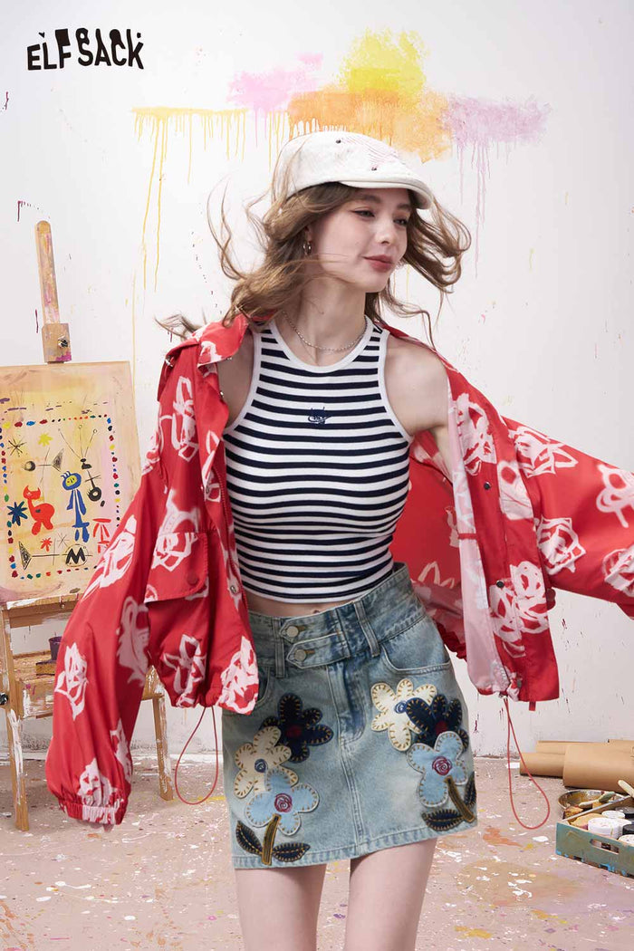 ELFSACK Floral Applique Denim Retro Washed Skirt
