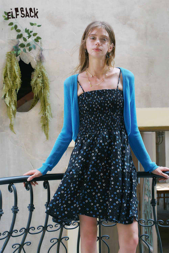 ELFSACK Floral Cami Dress Knit Cardigan Set