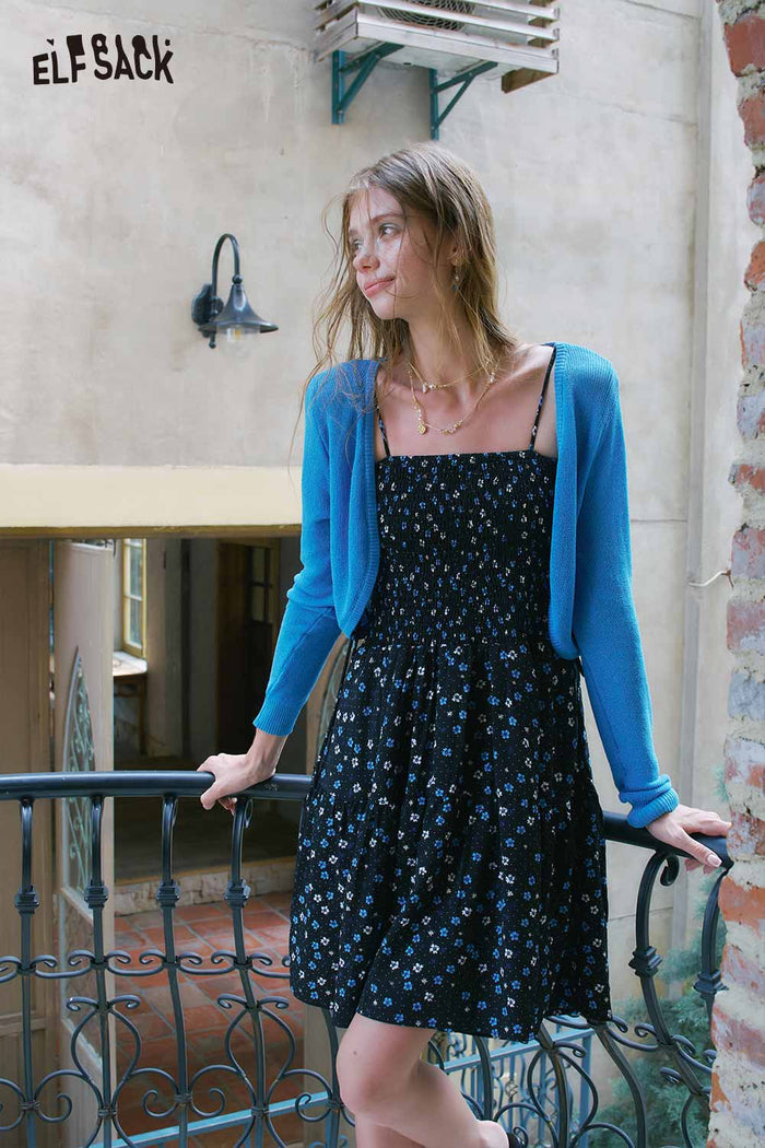ELFSACK Floral Cami Dress Knit Cardigan Set