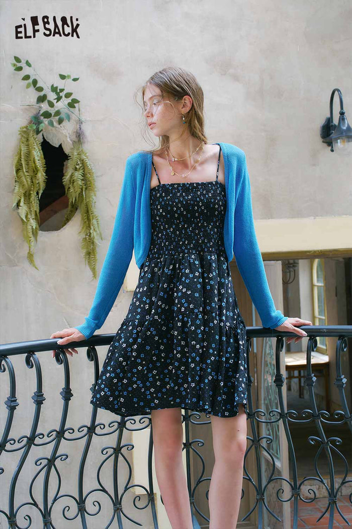 ELFSACK Floral Cami Dress Knit Cardigan Set