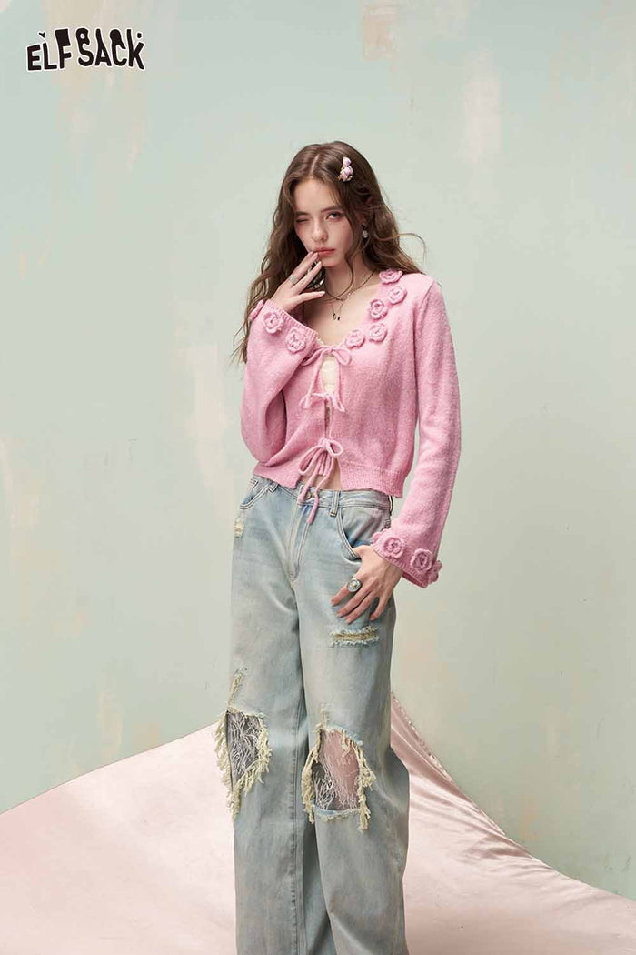 ELFSACK Floral Embroidered Knit Cardigan with Bell Sleeves