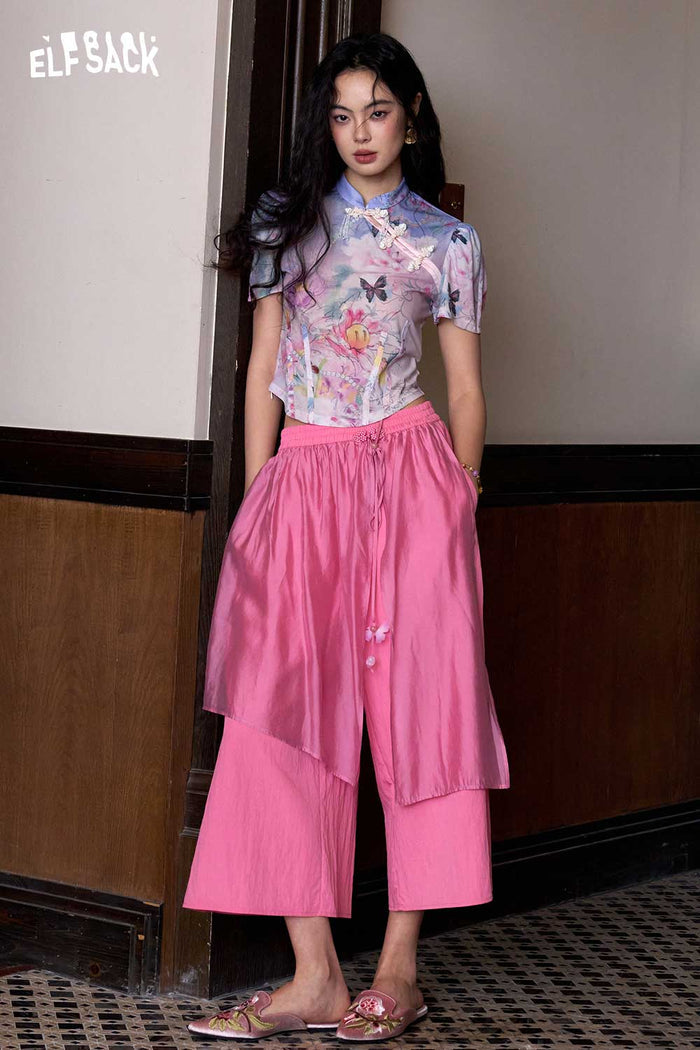 ELFSACK Floral Frog Button Waist-Cinched Top