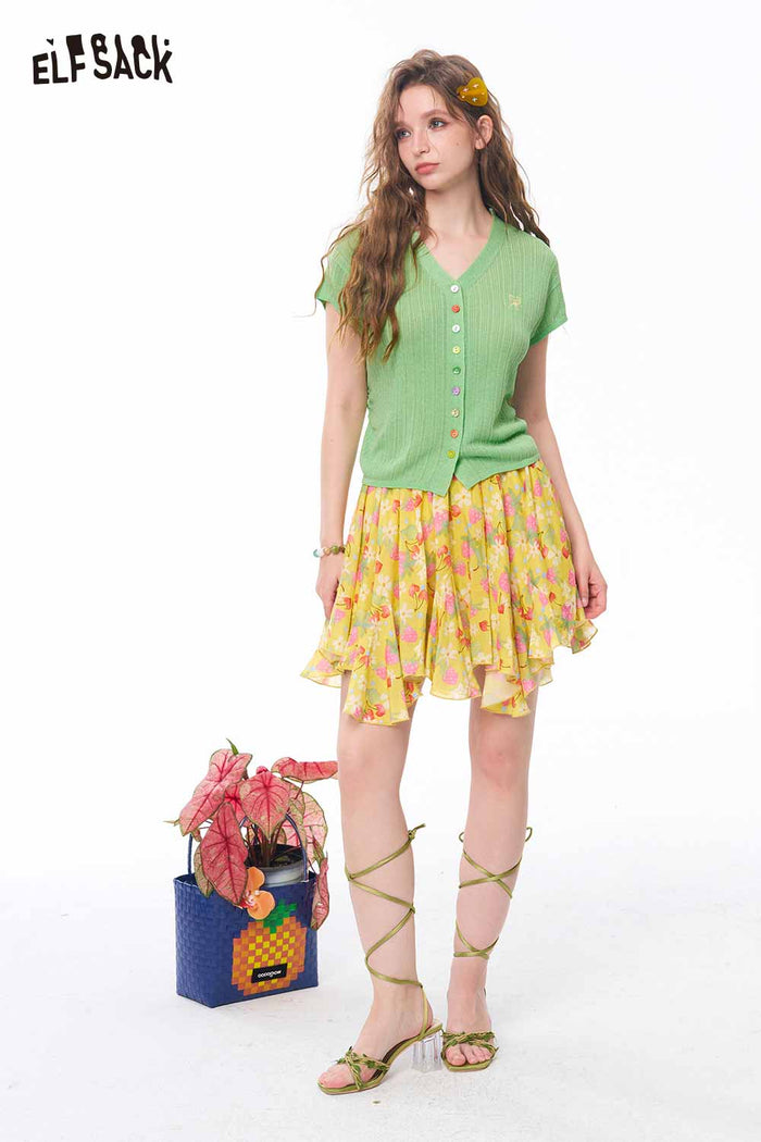 ELFSACK Floral Irregular Ruffle Mini Skirt