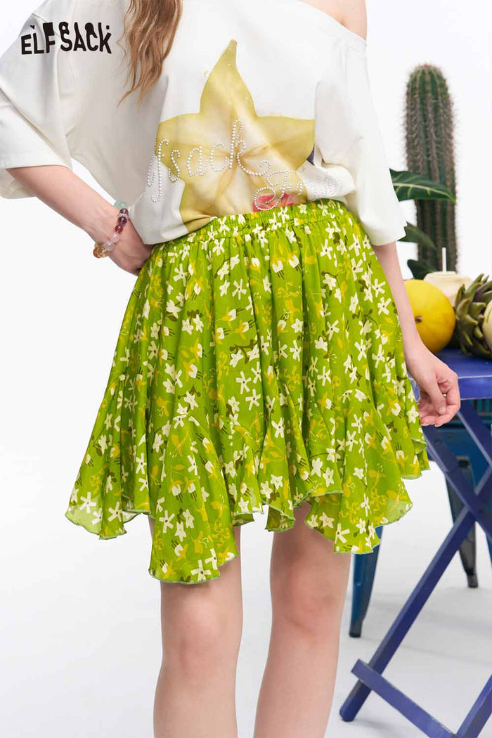 ELFSACK Floral Irregular Ruffle Mini Skirt