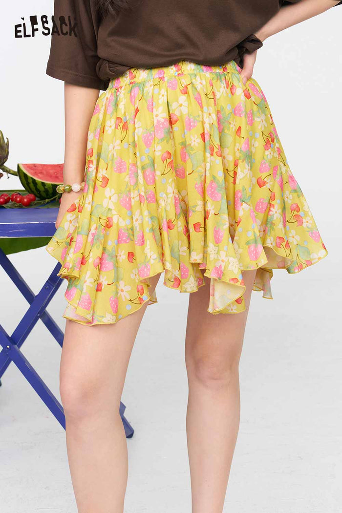 ELFSACK Floral Irregular Ruffle Mini Skirt