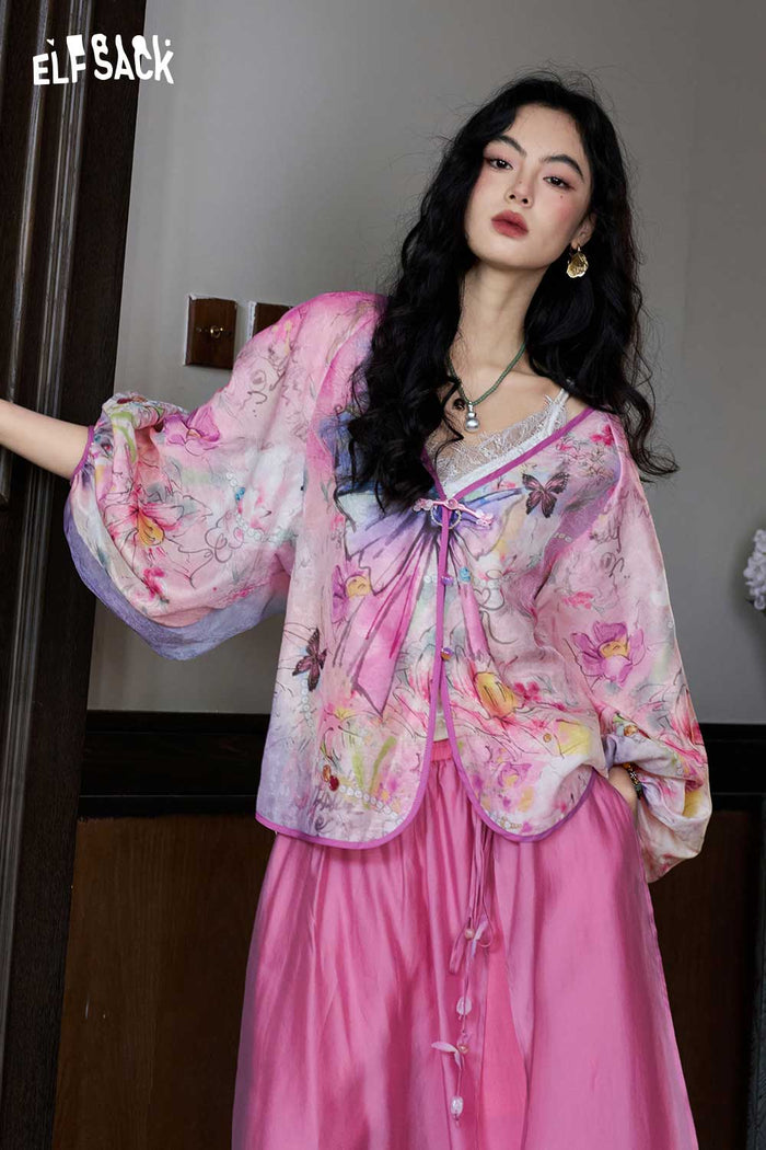 ELFSACK Floral Lantern Sleeve Frog Button Top