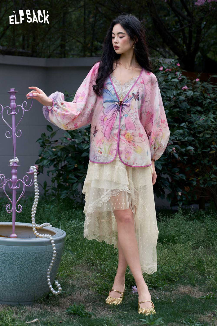 ELFSACK Floral Lantern Sleeve Frog Button Top