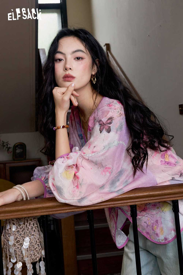 ELFSACK Floral Lantern Sleeve Frog Button Top