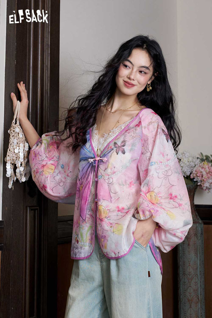 ELFSACK Floral Lantern Sleeve Frog Button Top