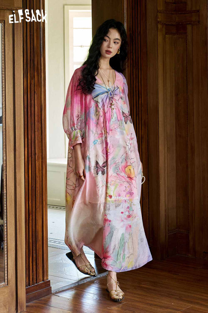 ELFSACK Floral Lantern Sleeve Midi Dress