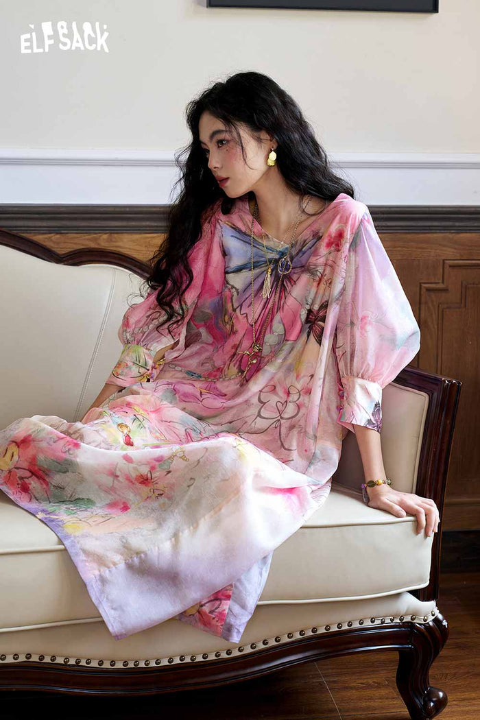 ELFSACK Floral Lantern Sleeve Midi Dress