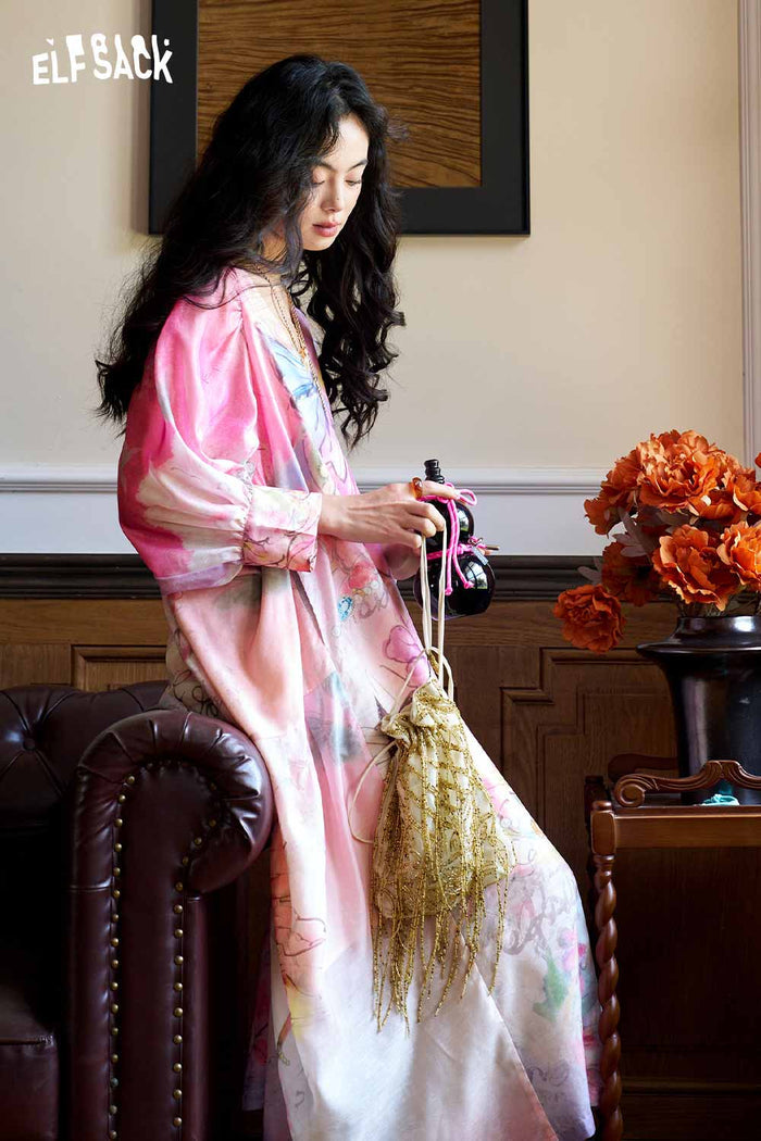 ELFSACK Floral Lantern Sleeve Midi Dress