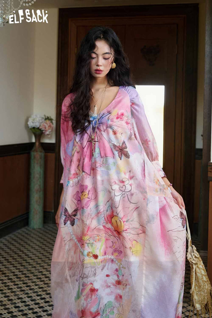 ELFSACK Floral Lantern Sleeve Midi Dress