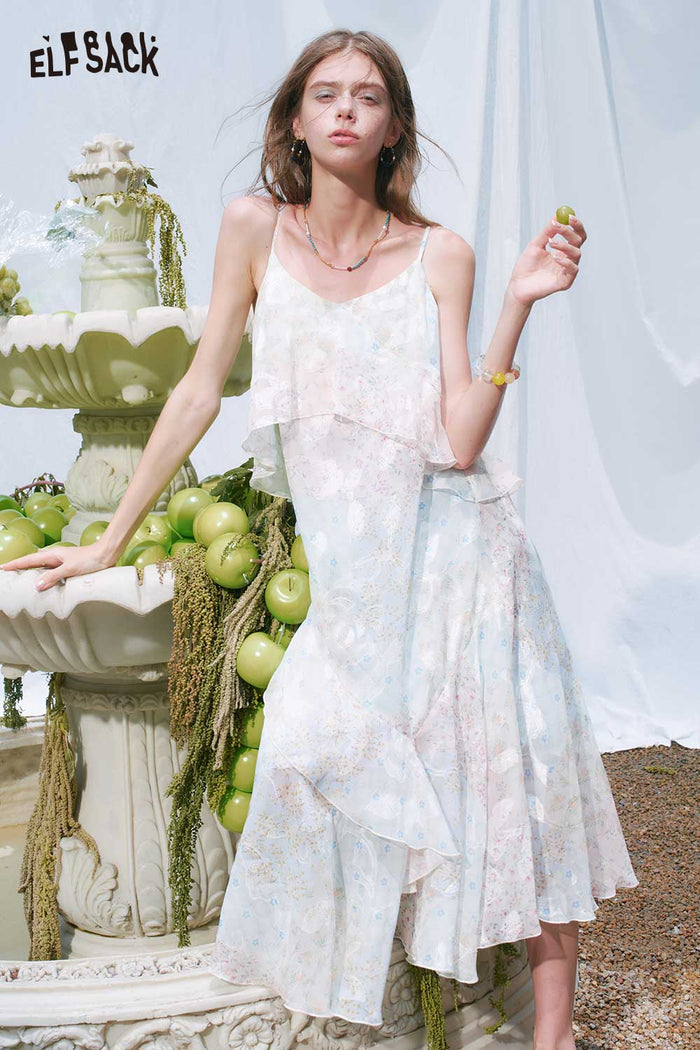 ELFSACK Floral Layered Ruffle Spaghetti Strap Dress