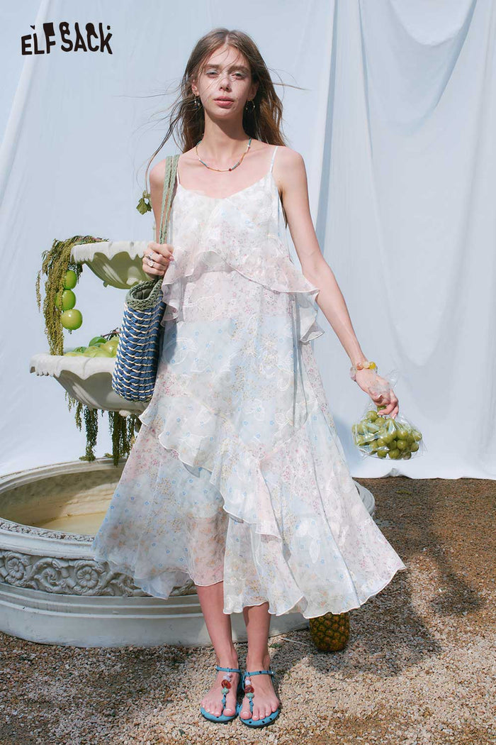 ELFSACK Floral Layered Ruffle Spaghetti Strap Dress