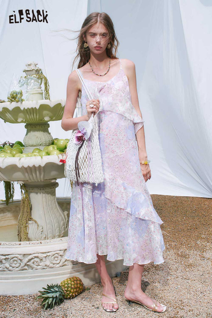 ELFSACK Floral Layered Ruffle Spaghetti Strap Dress