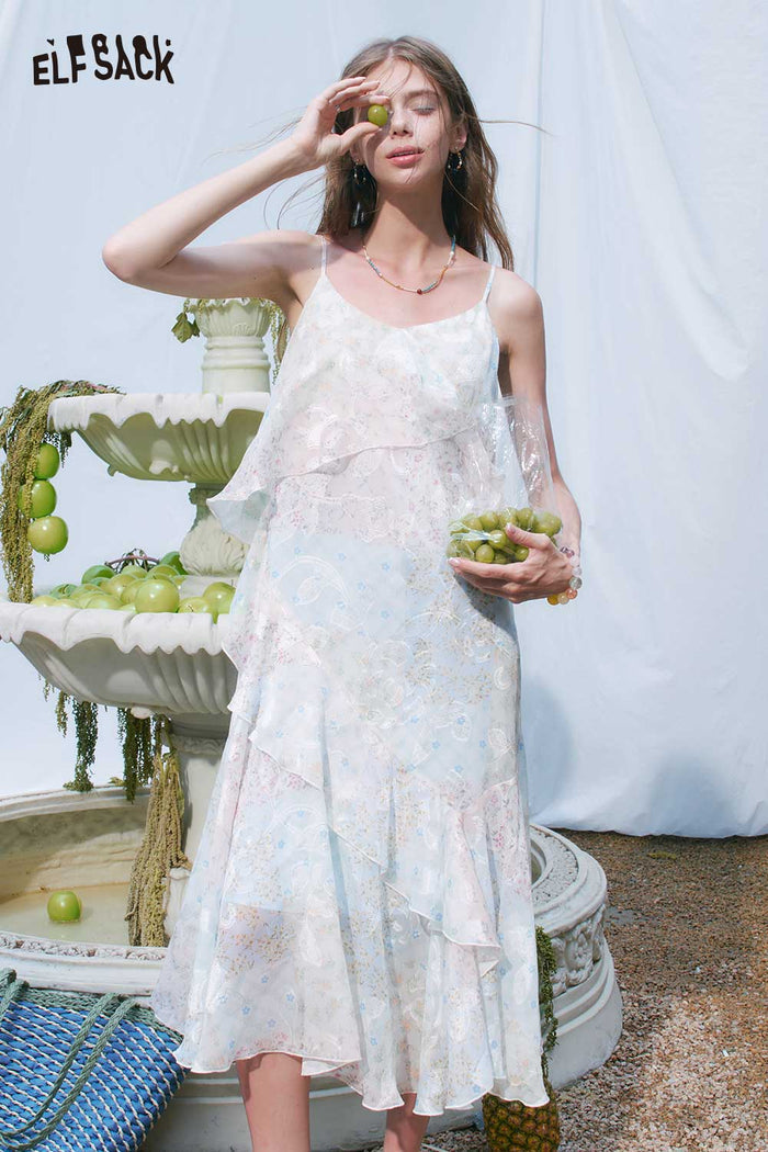 ELFSACK Floral Layered Ruffle Spaghetti Strap Dress