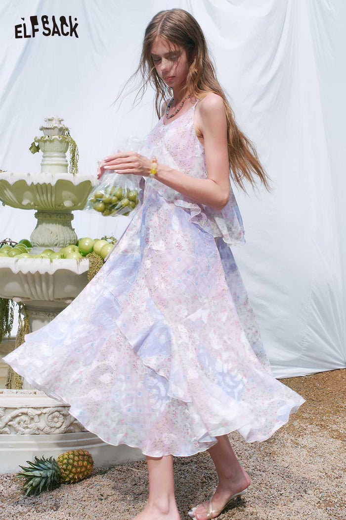 ELFSACK Floral Layered Ruffle Spaghetti Strap Dress