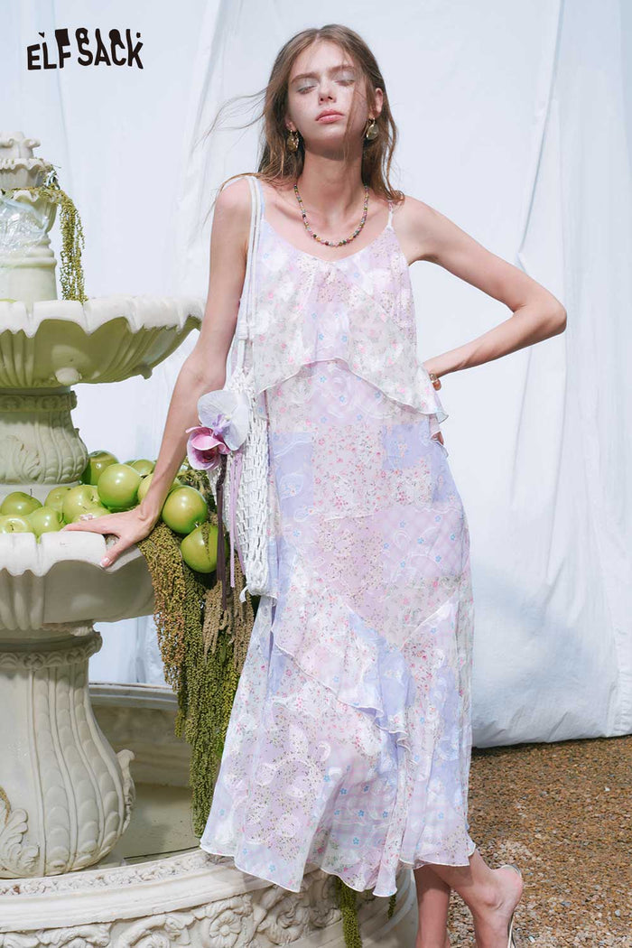 ELFSACK Floral Layered Ruffle Spaghetti Strap Dress