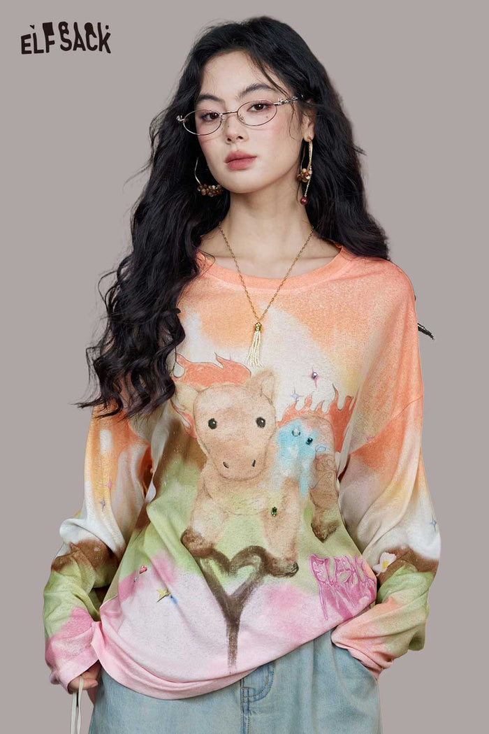 ELFSACK Floral Pony Tie Dye Oversized Top