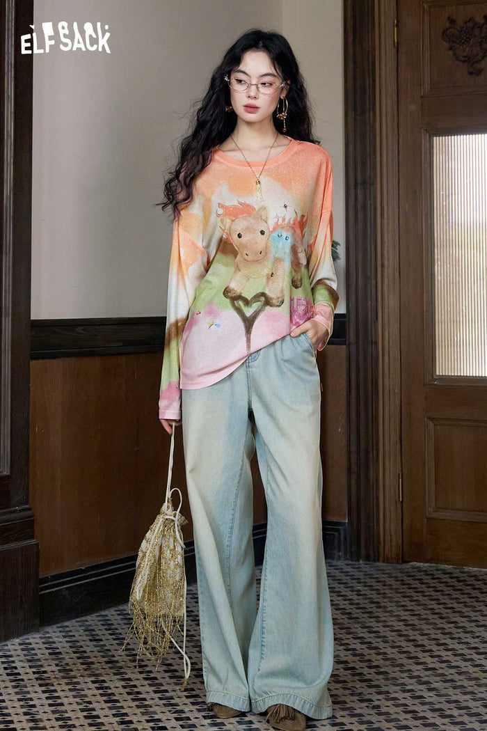 ELFSACK Floral Pony Tie Dye Oversized Top