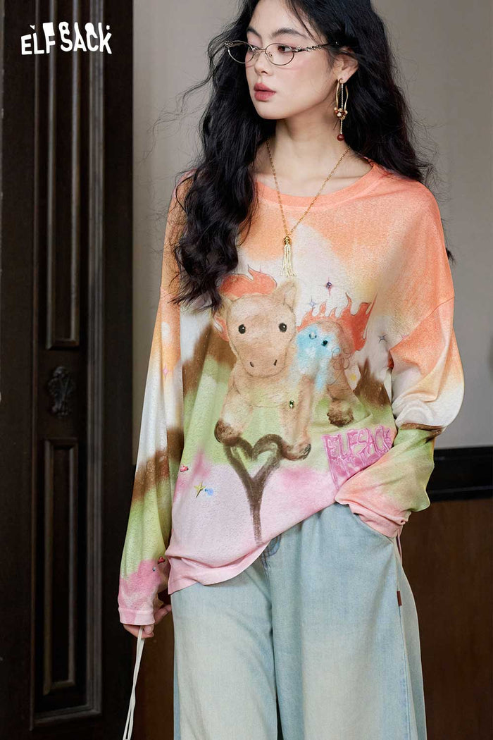 ELFSACK Floral Pony Tie Dye Oversized Top