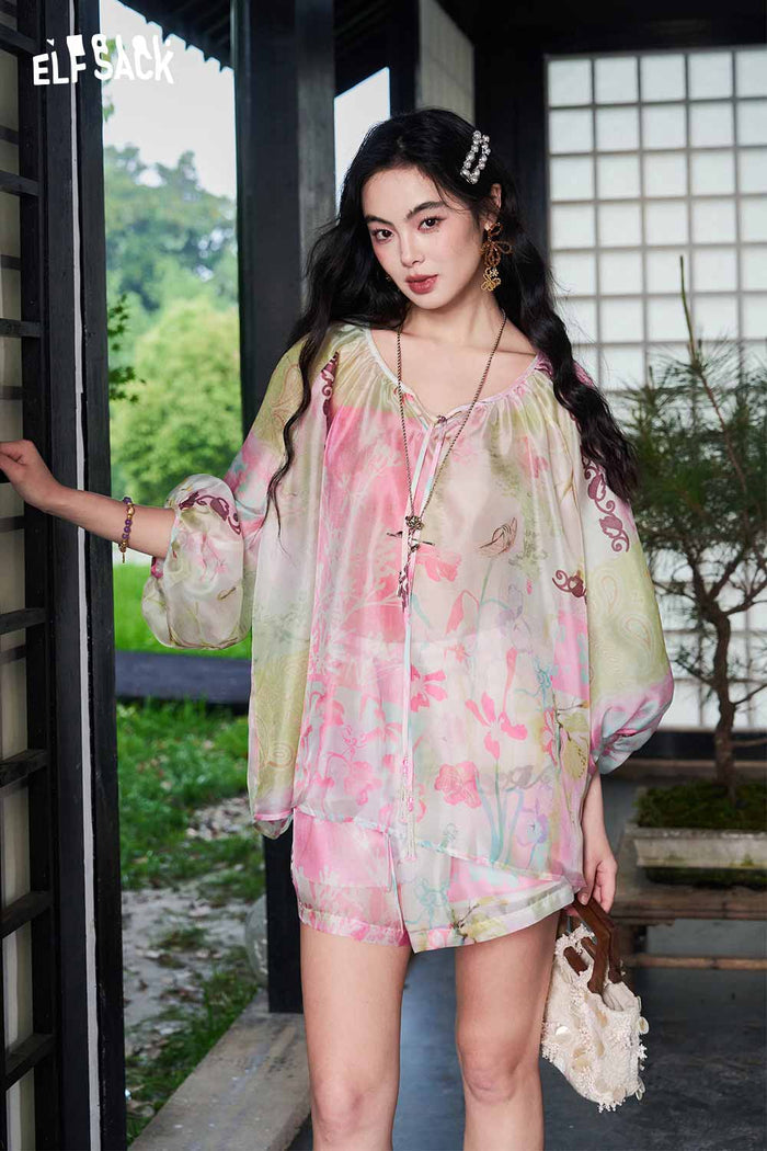 ELFSACK Floral Print Chiffon Two-Piece Set