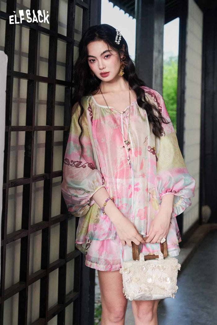 ELFSACK Floral Print Chiffon Two-Piece Set